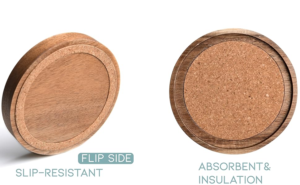 Acacia Wood Coasters for Drinks, 4.13 Inch, Set of 6, Absorbent and Insulation Cork Stackable Cup Holders, Rustic Coasters for Wooden Table, Designed by S1EGAN