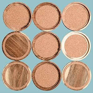 Acacia Wood Coasters for Drinks, 4.13 Inch, Set of 6, Absorbent and Insulation Cork Stackable Cup Holders, Rustic Coasters for Wooden Table, Designed by S1EGAN