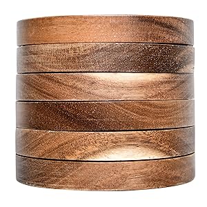 Acacia Wood Coasters for Drinks, 4.13 Inch, Set of 6, Absorbent and Insulation Cork Stackable Cup Holders, Rustic Coasters for Wooden Table, Designed by S1EGAN