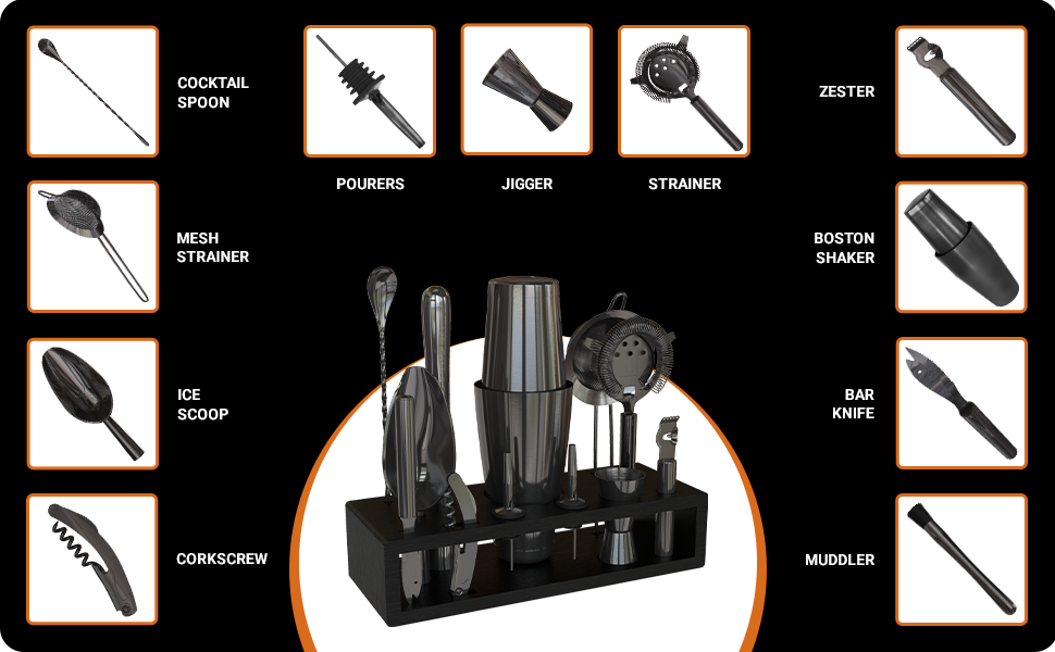 Highball & Chaser Bartender Kit with Black Bamboo Stand Beautiful Cocktail Shaker Set and Bar Tools Stainless Steel Boston Shaker Bartender Kit with Stand (Antique Gold)