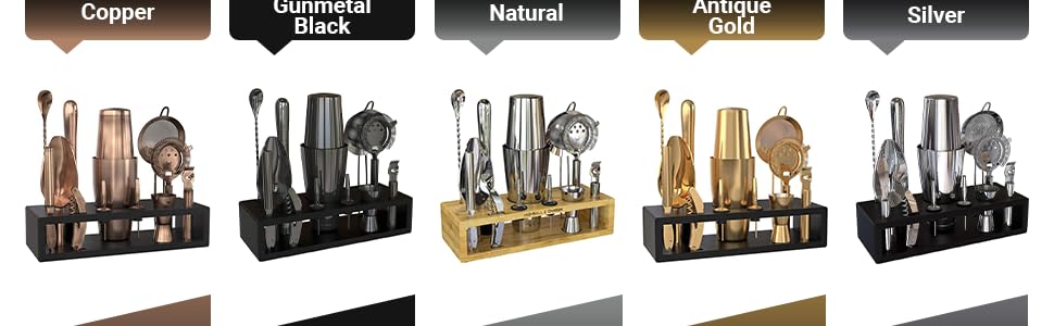 Highball & Chaser Bartender Kit with Black Bamboo Stand Beautiful Cocktail Shaker Set and Bar Tools Stainless Steel Boston Shaker Bartender Kit with Stand (Antique Gold)