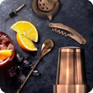 Highball & Chaser Bartender Kit with Black Bamboo Stand Beautiful Cocktail Shaker Set and Bar Tools Stainless Steel Boston Shaker Bartender Kit with Stand (Antique Gold)