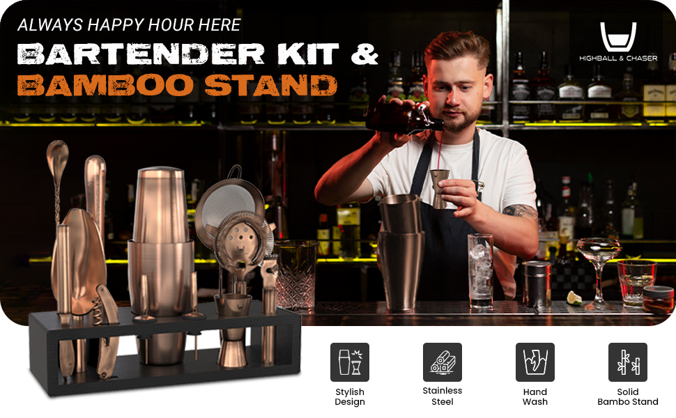 Highball & Chaser Bartender Kit with Black Bamboo Stand Beautiful Cocktail Shaker Set and Bar Tools Stainless Steel Boston Shaker Bartender Kit with Stand (Antique Gold)