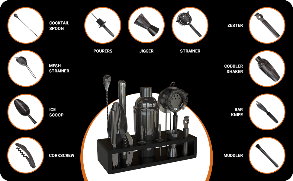 Highball & Chaser Bartender Kit with Espresso Bamboo Stand. Beautiful Cobbler Cocktail Shaker Set with Bar Tools Rustproof Stainless Steel Bar Set (Matte Gold)