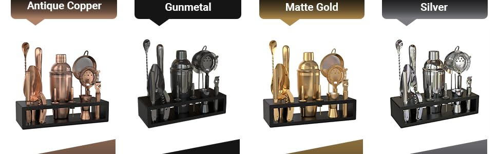 Highball & Chaser Bartender Kit with Espresso Bamboo Stand. Beautiful Cobbler Cocktail Shaker Set with Bar Tools Rustproof Stainless Steel Bar Set (Matte Gold)