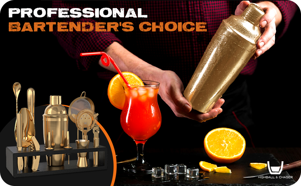 Highball & Chaser Bartender Kit with Espresso Bamboo Stand. Beautiful Cobbler Cocktail Shaker Set with Bar Tools Rustproof Stainless Steel Bar Set (Matte Gold)