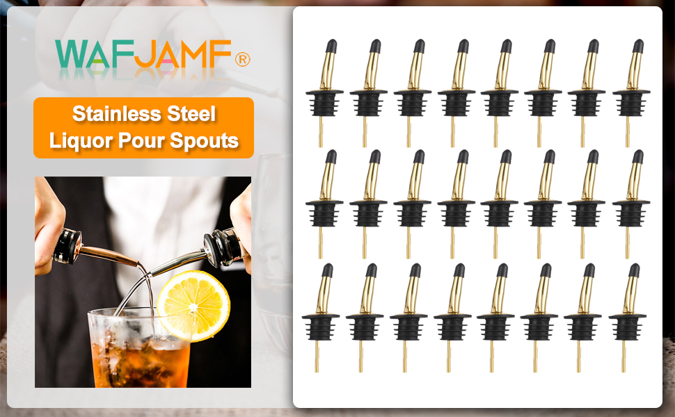 WAFJAMF 24 Pcs Stainless Steel Liquor Pour Spouts Set, Liquor Bottle Pourers with Rubber Dust Caps for Pours Liquid, Olive Oil, Wine, Vinegar (Gold-24 Pack)