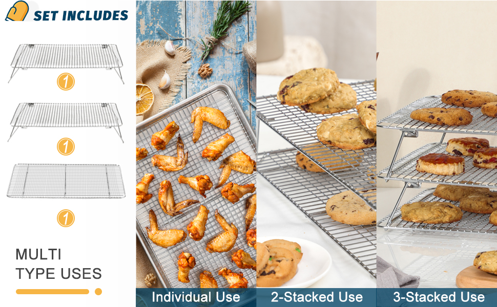 HIWARE Oven-Salf Collapsible Cooling Rack for Baking, 3 Tier 12”x 16.5”, Stainless Steel and Fit Half Sheet, Stackable Wire Cooling Racks for Cookie, Pizza, Cake