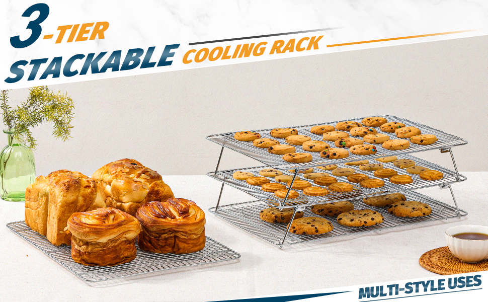 HIWARE Oven-Salf Collapsible Cooling Rack for Baking, 3 Tier 12”x 16.5”, Stainless Steel and Fit Half Sheet, Stackable Wire Cooling Racks for Cookie, Pizza, Cake