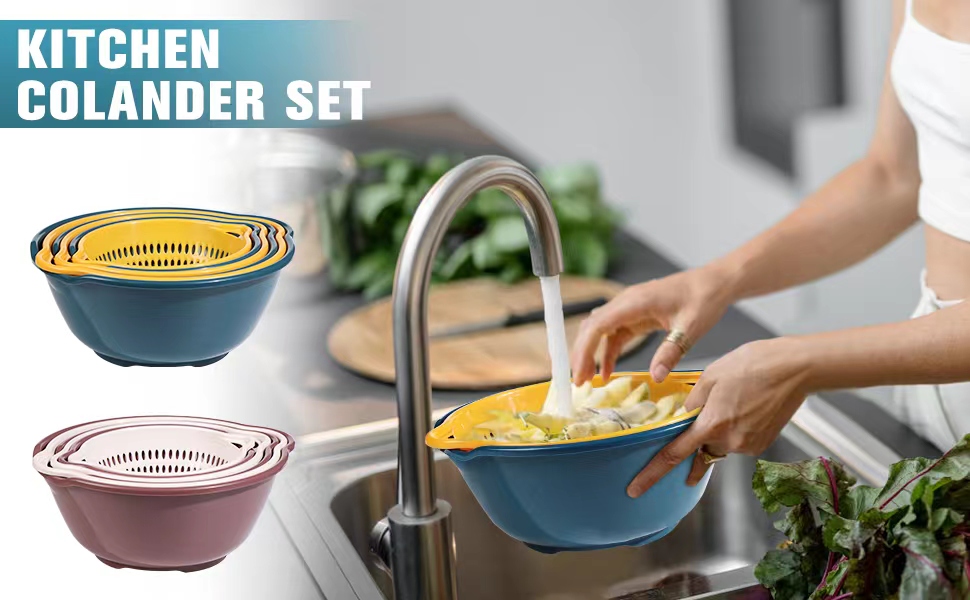 6 Pieces Colander with bowl, Food Strainer for Pasta Veggies and Fruits, BPA Free, Dishwasher Safe (blue)