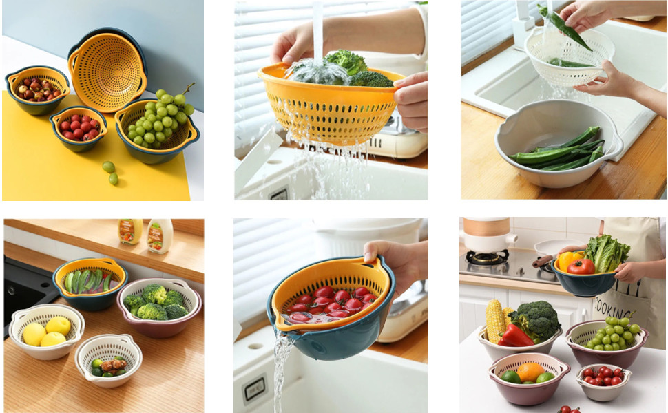 6 Pieces Colander with bowl, Food Strainer for Pasta Veggies and Fruits, BPA Free, Dishwasher Safe (blue)