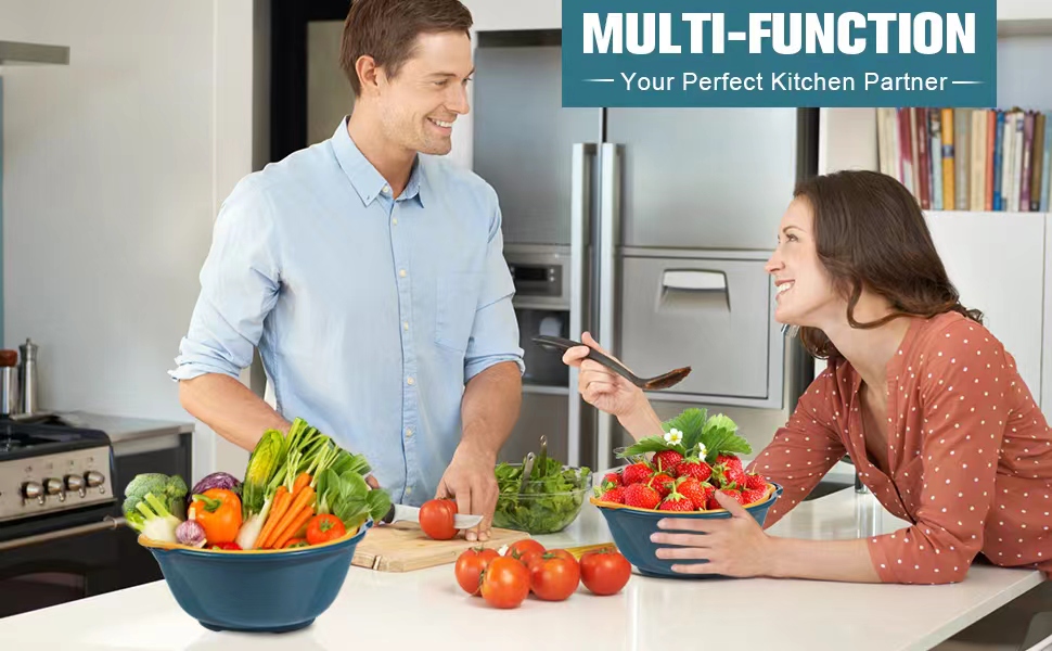 6 Pieces Colander with bowl, Food Strainer for Pasta Veggies and Fruits, BPA Free, Dishwasher Safe (blue)