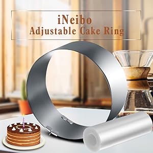 iNeibo Cake Ring and Cake Collar Set, 6 to 12 Inch Adjustable Cake Mousse Mould Set with 6inch Clear Cake Roll, Stainless Steel Pastry Ring, Mousse Ring, Ring Mold for Baking