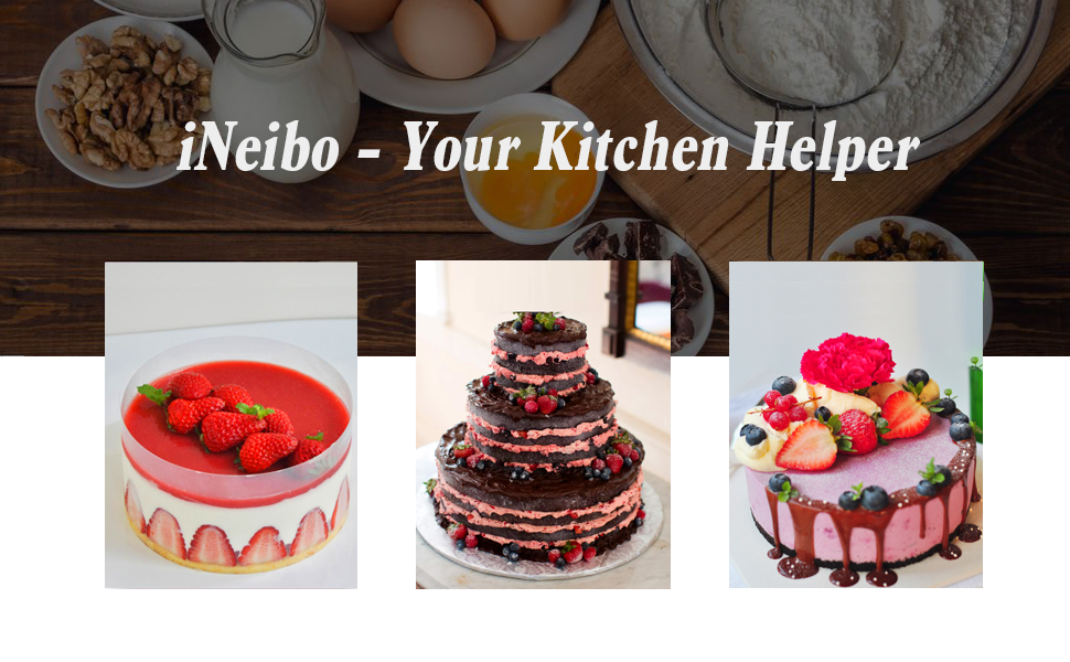 iNeibo Cake Ring and Cake Collar Set, 6 to 12 Inch Adjustable Cake Mousse Mould Set with 6inch Clear Cake Roll, Stainless Steel Pastry Ring, Mousse Ring, Ring Mold for Baking