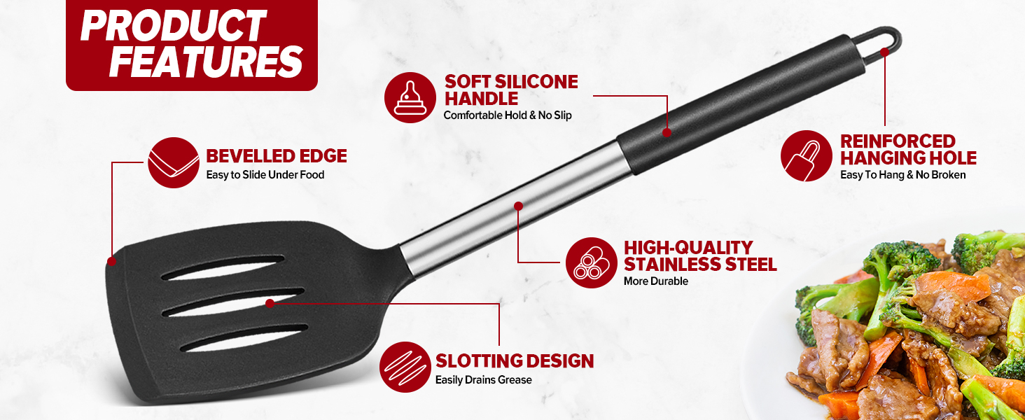 Pack of 4 Large Silicone Cooking Spatulas and Spoons, Slotted and Solid Stainless Steel Cooking Utensils Set, Non-stick Heat Resistant Kitchen for Baking, Fried, Stir-Fry, Mixing, Serving (Black)