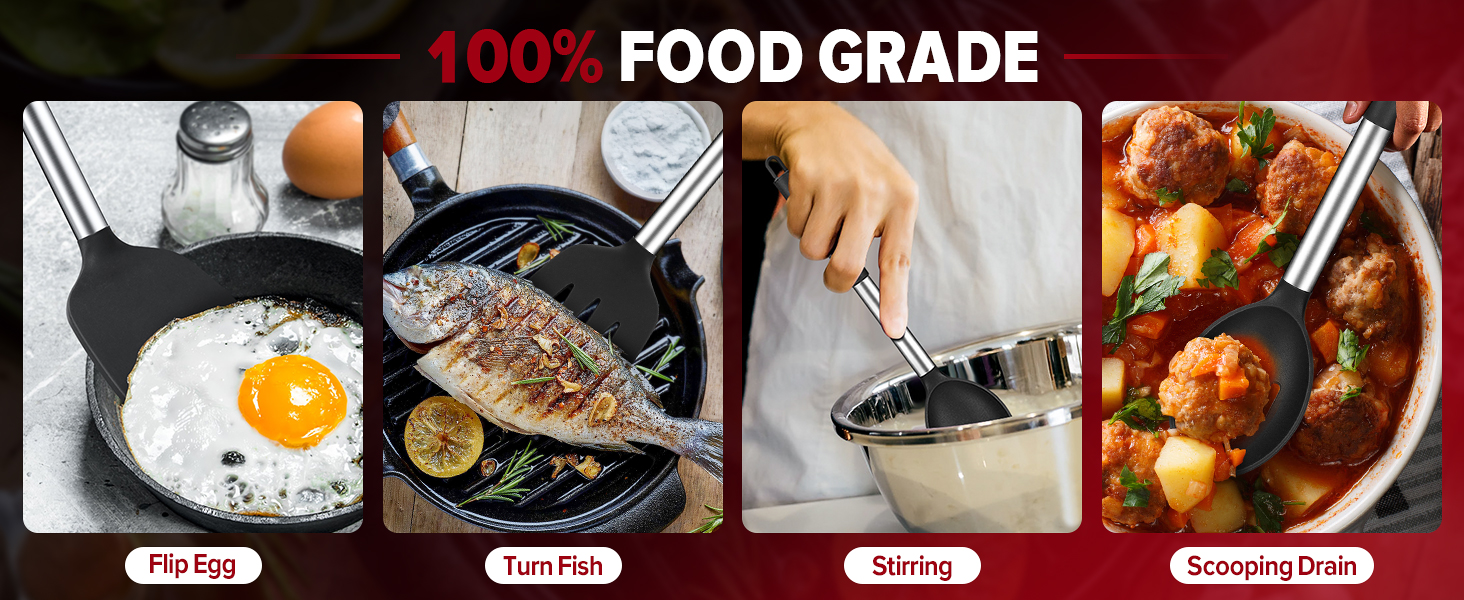 Pack of 4 Large Silicone Cooking Spatulas and Spoons, Slotted and Solid Stainless Steel Cooking Utensils Set, Non-stick Heat Resistant Kitchen for Baking, Fried, Stir-Fry, Mixing, Serving (Black)