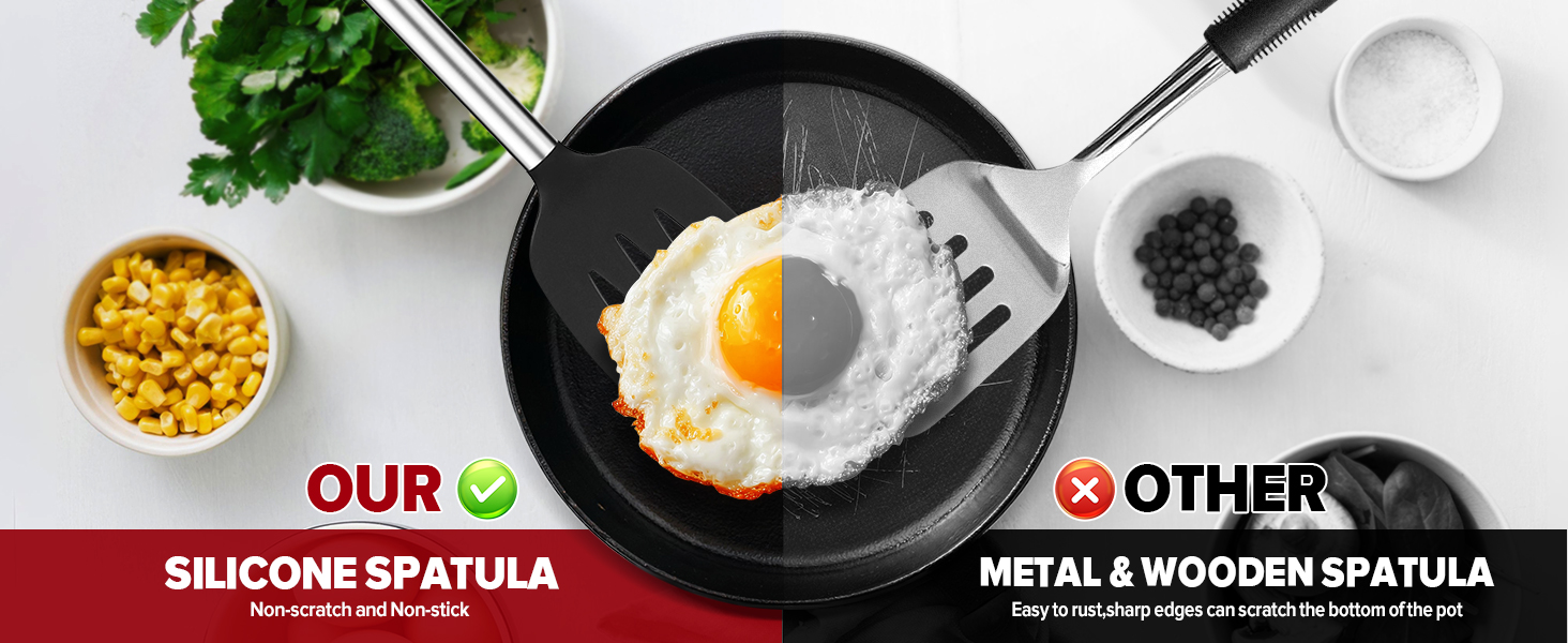 Pack of 4 Large Silicone Cooking Spatulas and Spoons, Slotted and Solid Stainless Steel Cooking Utensils Set, Non-stick Heat Resistant Kitchen for Baking, Fried, Stir-Fry, Mixing, Serving (Black)