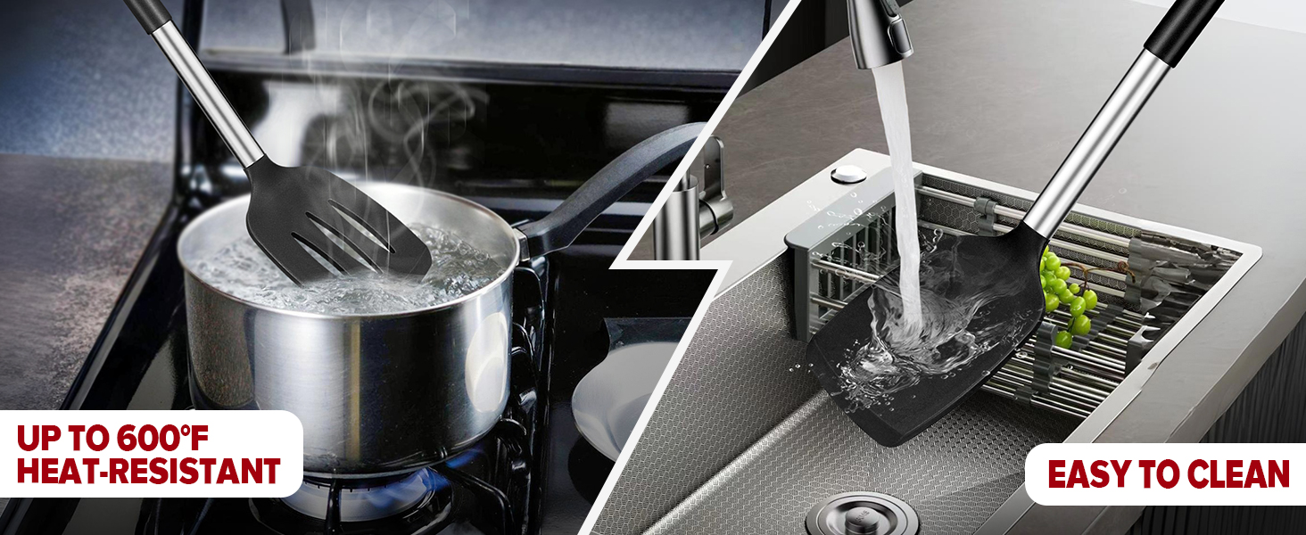 Pack of 4 Large Silicone Cooking Spatulas and Spoons, Slotted and Solid Stainless Steel Cooking Utensils Set, Non-stick Heat Resistant Kitchen for Baking, Fried, Stir-Fry, Mixing, Serving (Black)