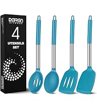 Pack of 4 Large Silicone Cooking Spatulas and Spoons, Slotted and Solid Stainless Steel Cooking Utensils Set, Non-stick Heat Resistant Kitchen for Baking, Fried, Stir-Fry, Mixing, Serving (Black)