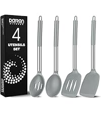 Pack of 4 Large Silicone Cooking Spatulas and Spoons, Slotted and Solid Stainless Steel Cooking Utensils Set, Non-stick Heat Resistant Kitchen for Baking, Fried, Stir-Fry, Mixing, Serving (Black)