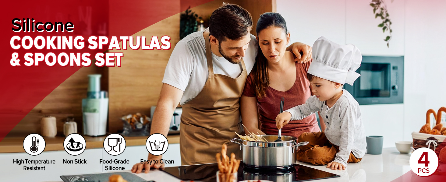 Pack of 4 Large Silicone Cooking Spatulas and Spoons, Slotted and Solid Stainless Steel Cooking Utensils Set, Non-stick Heat Resistant Kitchen for Baking, Fried, Stir-Fry, Mixing, Serving (Black)