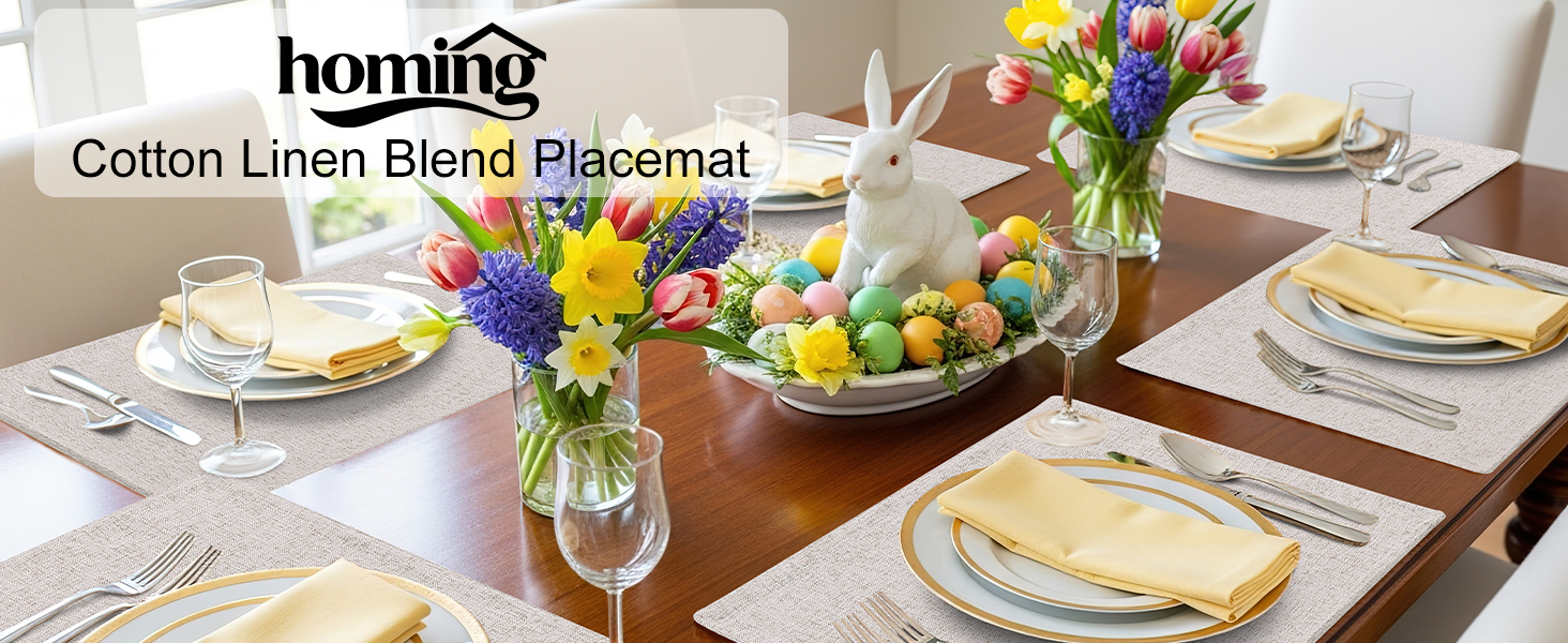 homing Cotton Linen Placemats Set of 6, Cloth Washable Farmhouse Dining Table Mats for Indoor, Outdoor, Easter, Easy to Clean, Neutral Beige, 13 x 19 Inch