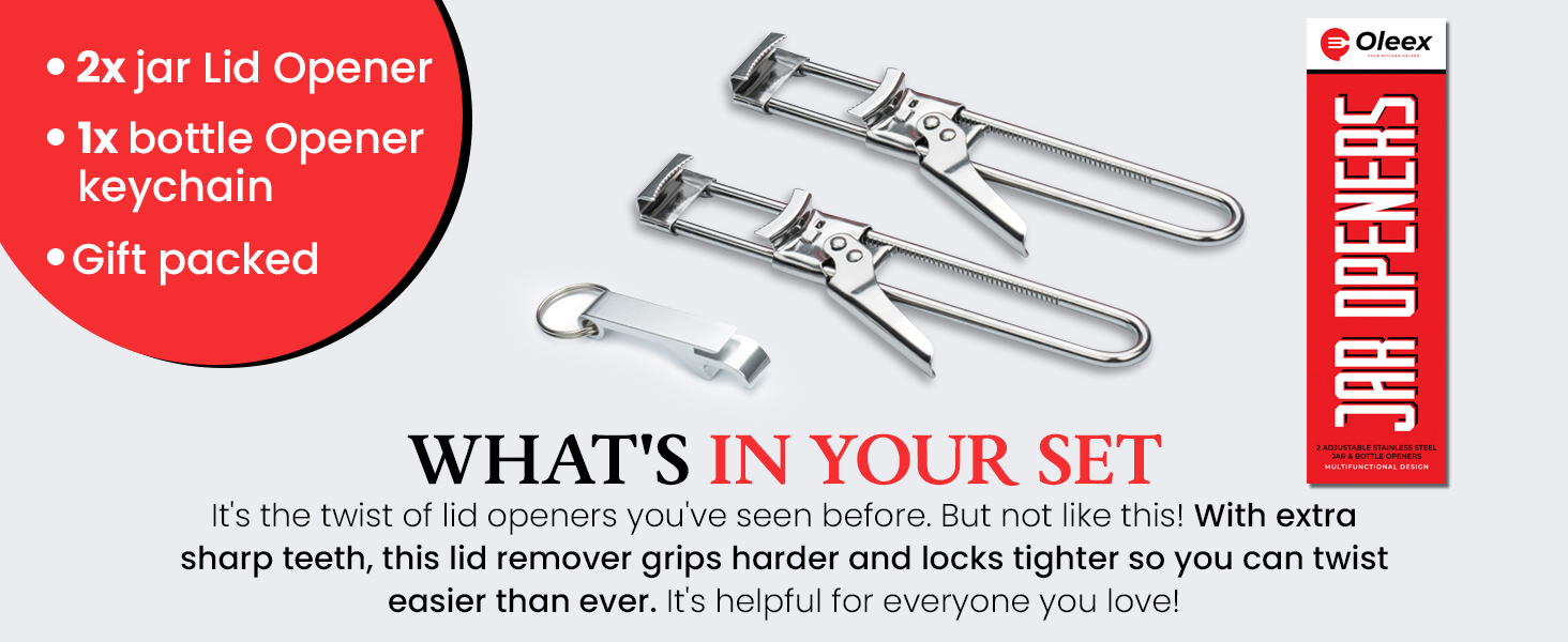 Oleex Jar Opener for Weak Hands (x2) with Keychain Bottle Cap Opener. Easy Seniors Arthritis, Kids Openers. Gripper Tight Lid Opener, Kitchen Gadgets