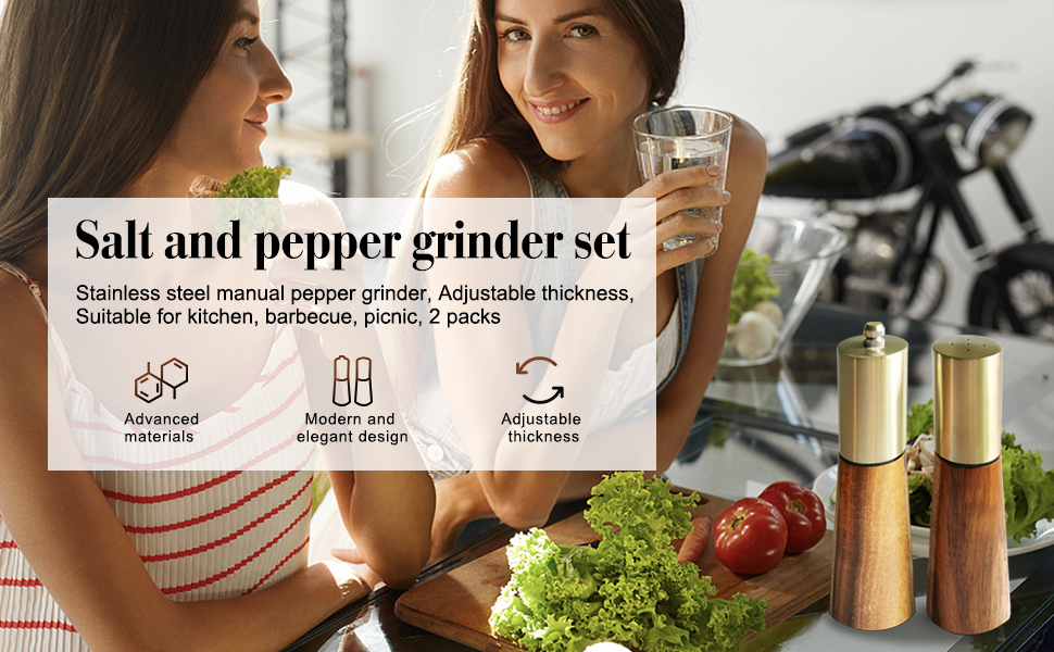 Salt and Pepper Grinder Set,Stainless Steel Manual Salt and Pepper Mill,Adjustable Thickness,Suitable For Kitchen,Barbecue,Picnic,2 Packs
