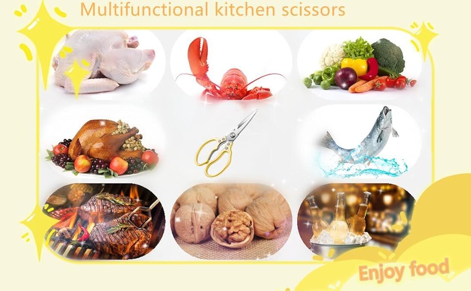AWinjoy Kitchen Scissors, Heavy Duty Sharp Shears Dishwasher Safe, Kitchen Accessories Cooking Shears for Meat Chicken Fish Poultry Herb Bread (gold)