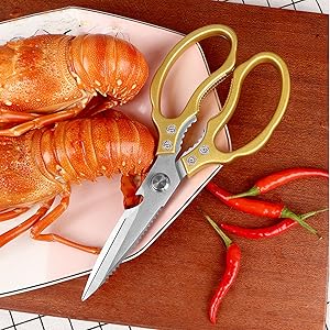 AWinjoy Kitchen Scissors, Heavy Duty Sharp Shears Dishwasher Safe, Kitchen Accessories Cooking Shears for Meat Chicken Fish Poultry Herb Bread (gold)
