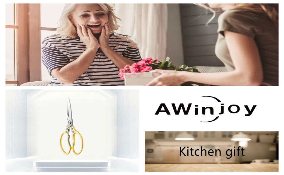 AWinjoy Kitchen Scissors, Heavy Duty Sharp Shears Dishwasher Safe, Kitchen Accessories Cooking Shears for Meat Chicken Fish Poultry Herb Bread (gold)