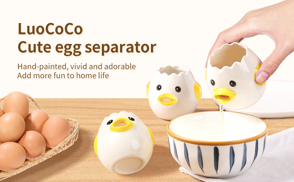 LuoCoCo Cute Egg Separator, Ceramics Vomiting Chicken Egg Yolk White Separator, Practical Household Small Egg Filter Splitter, Kitchen Gadget Baking Assistant Tool, Dishwasher Safe (Yellow)