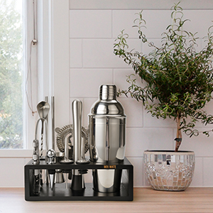 Mixology Bartender Kit with Stand - 15 Piece Bar Tool Set, Silver Bar Set Cocktail Shaker Set for Drink Mixing - Includes Martini Shaker, Jigger, Strainer, Bar Mixer Spoon, Tongs, Opener | Gift Idea