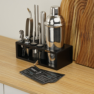 Mixology Bartender Kit with Stand - 15 Piece Bar Tool Set, Silver Bar Set Cocktail Shaker Set for Drink Mixing - Includes Martini Shaker, Jigger, Strainer, Bar Mixer Spoon, Tongs, Opener | Gift Idea