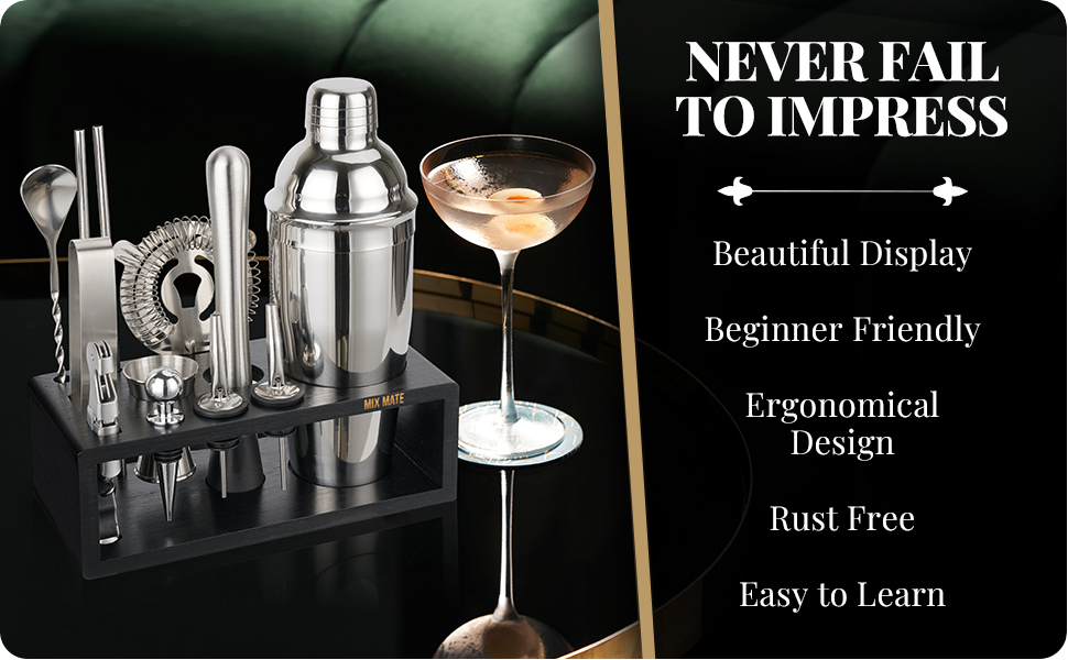 Mixology Bartender Kit with Stand - 15 Piece Bar Tool Set, Silver Bar Set Cocktail Shaker Set for Drink Mixing - Includes Martini Shaker, Jigger, Strainer, Bar Mixer Spoon, Tongs, Opener | Gift Idea