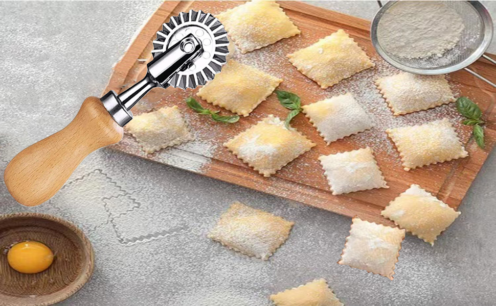 Ravioli Cutter Stamps with Roller Wheel Round Mold with Wooden Handle and Fluted Edge Pasta Press Pasta Cutter for Home and Kitchen Use- 1.3