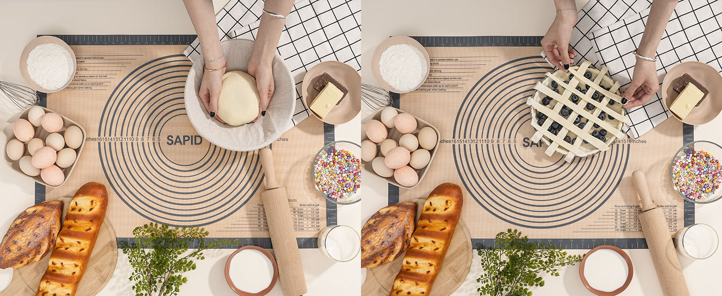 Sapid Extra Thick Silicone Pastry Mat Non-slip with Measurements for Non-stick Silicone Baking Mat Extra Large, Dough Rolling, Pie Crust, Kneading Mats, Countertop, Placement Mats (24