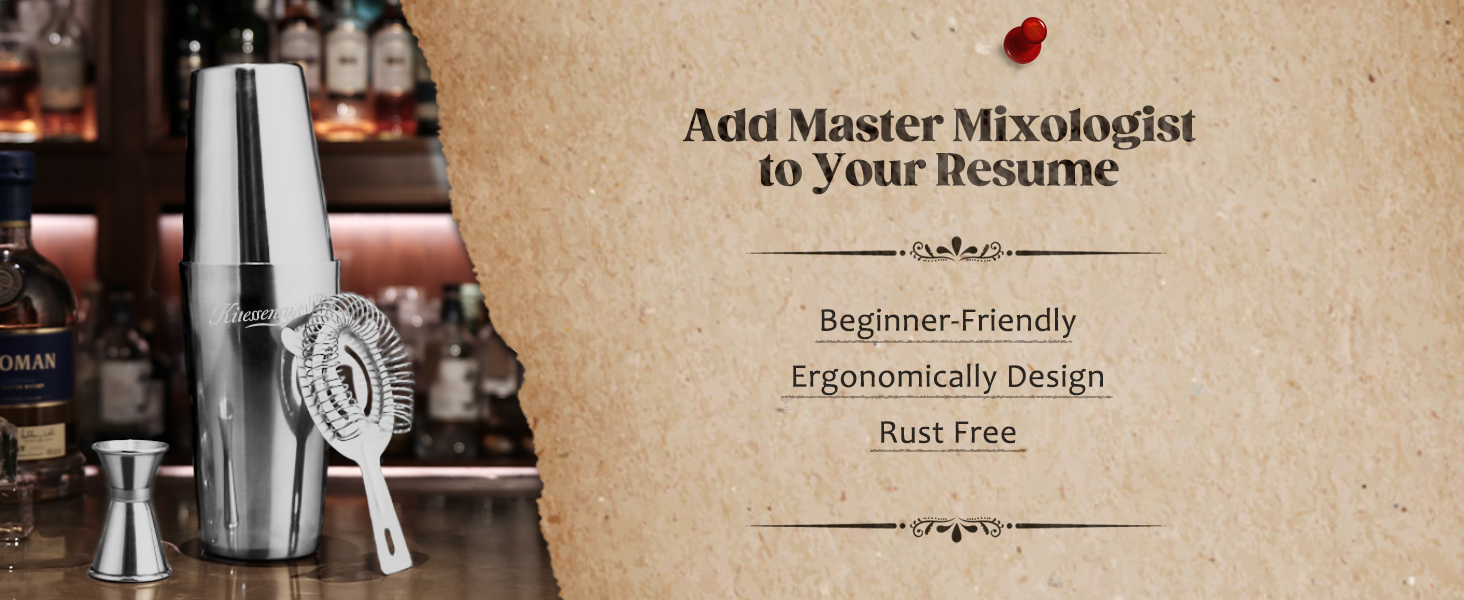 KITESSENSU Boston Cocktail Shaker Set, 4-Piece Boston Shaker Tins Bartender Kit with 18oz & 28oz Mixed Drink Shaker, Hawthorne Strainer, Double Measuring Jigger, Cocktail Recipe Cards Included