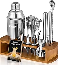 Cocktail Shaker, KITESSENSU 24oz Drink Shaker with Bartender Strainer, Measuring Jigger, Bar Mixing Spoon, Cocktail Recipe Guide, Professional Drink Mixer Set for Beginners, Silver