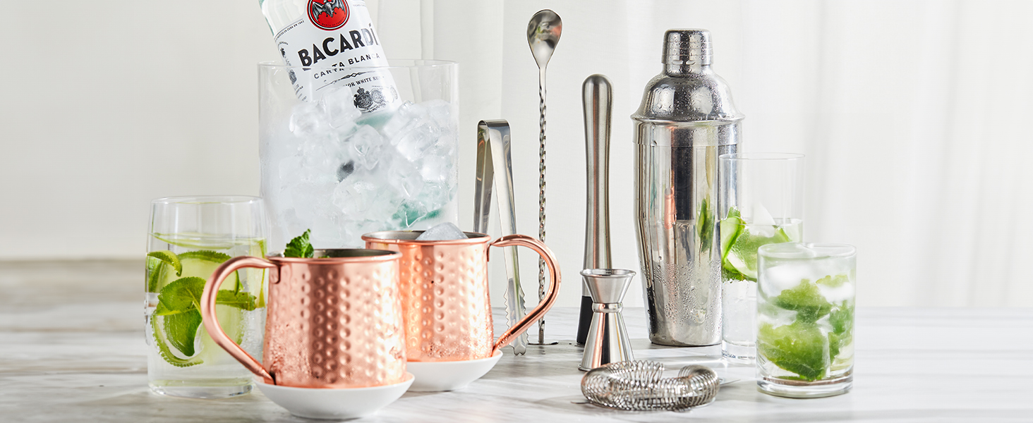 Cocktail Shaker, KITESSENSU 24oz Drink Shaker with Bartender Strainer, Measuring Jigger, Bar Mixing Spoon, Cocktail Recipe Guide, Professional Drink Mixer Set for Beginners, Silver