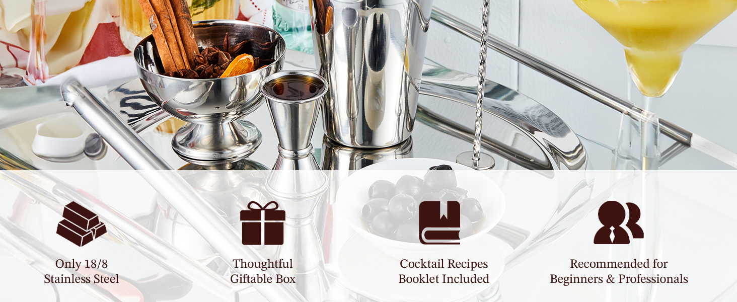 Cocktail Shaker, KITESSENSU 24oz Drink Shaker with Bartender Strainer, Measuring Jigger, Bar Mixing Spoon, Cocktail Recipe Guide, Professional Drink Mixer Set for Beginners, Silver