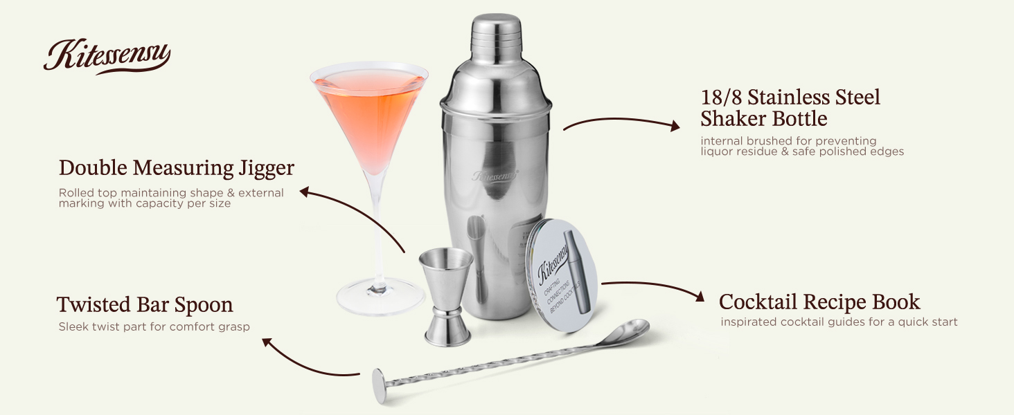 Cocktail Shaker, KITESSENSU 24oz Drink Shaker with Bartender Strainer, Measuring Jigger, Bar Mixing Spoon, Cocktail Recipe Guide, Professional Drink Mixer Set for Beginners, Silver