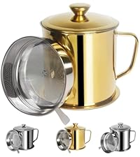 Tellshun Bacon Grease Container with Strainer 1.25 L / 42 oz Strong Kitchen Catcher Food-grade Stainless Steel Cooking Oil Keeper with Lid and Easy-Grip Handle Suitable for Storing Frying Oil