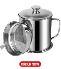 Tellshun Bacon Grease Container with Strainer 1.25 L / 42 oz Strong Kitchen Catcher Food-grade Stainless Steel Cooking Oil Keeper with Lid and Easy-Grip Handle Suitable for Storing Frying Oil