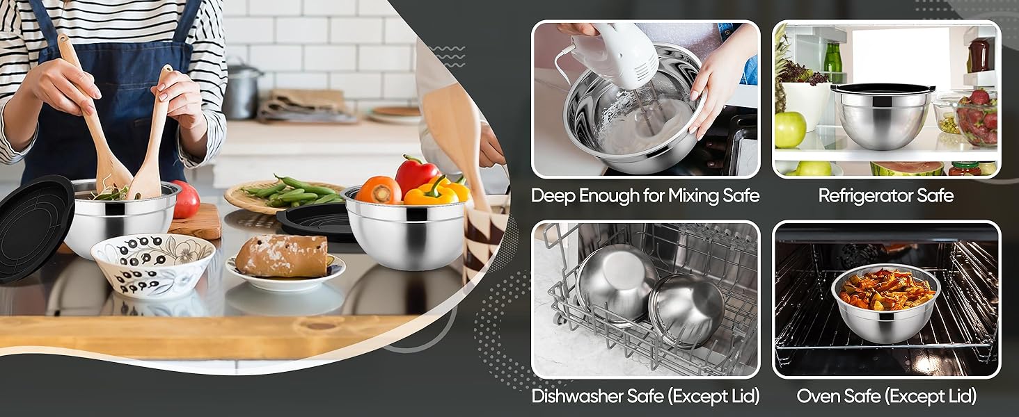 P&P CHEF Mixing Bowls with Airtight Lids Set of 5, 10-Piece Stainless Steel Mixing Nesting Bowl, Metal Bowl with Lid for Kitchen Prepping & Storing, Size 4.6, 3, 1.5, 1, 0.7 QT, Black