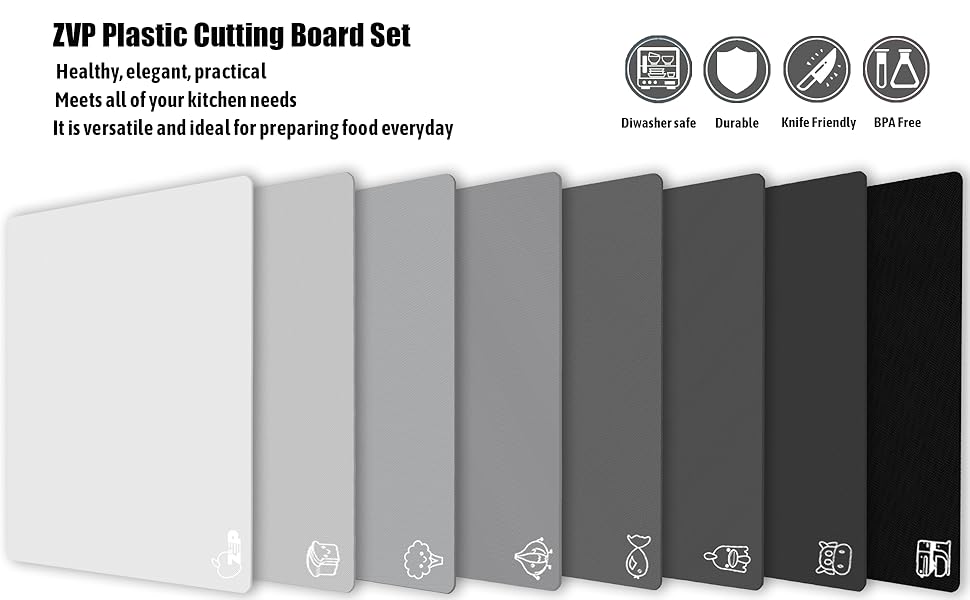 ZVP Flexible Plastic Cutting Board Set of 5 Gradient Color, Colorful Chopping Boards, BPA Free Mats, Non-Slip, Dishwasher Safe, 15x12 Inch, Gray Neutral Colors