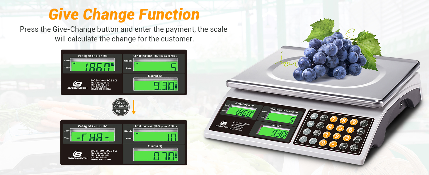 Price Computing Scale, 66lb Digital Commercial Food Meat Produce Weighing Scale with Green Backlight LCD for Farmers Market, Retail Outlets, Dry Battery Powered, Not for Trade