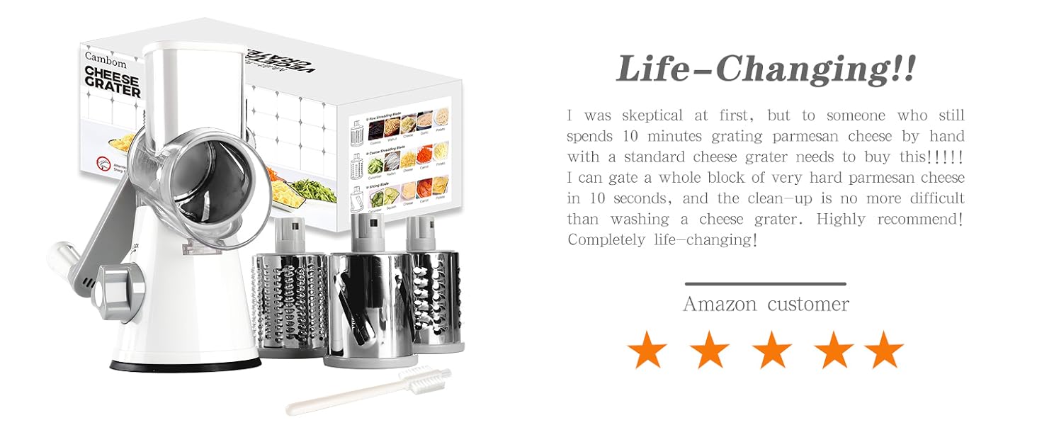Cambom Rotary Cheese Grater Hand Crank Cheese Shredder for Fresh Cheese, Vegetable, Nuts,Non-slip Suction Base, Free Cleaning Brush Three Blades, Black