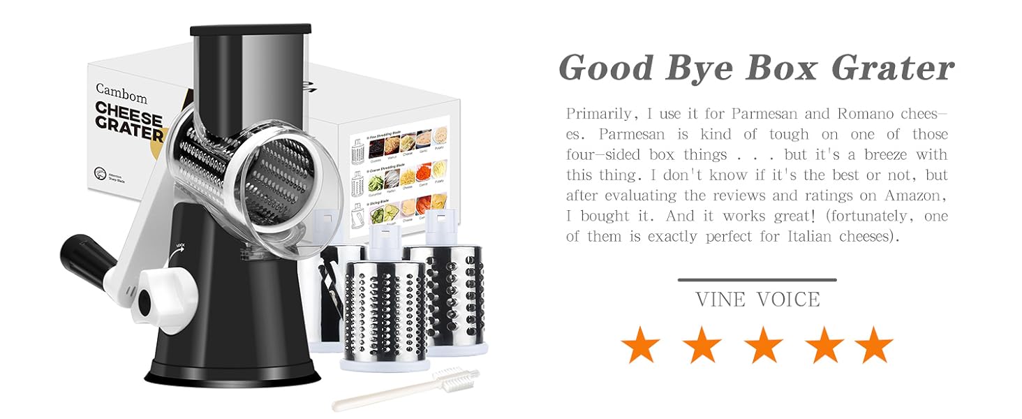 Cambom Rotary Cheese Grater Hand Crank Cheese Shredder for Fresh Cheese, Vegetable, Nuts,Non-slip Suction Base, Free Cleaning Brush Three Blades, Black