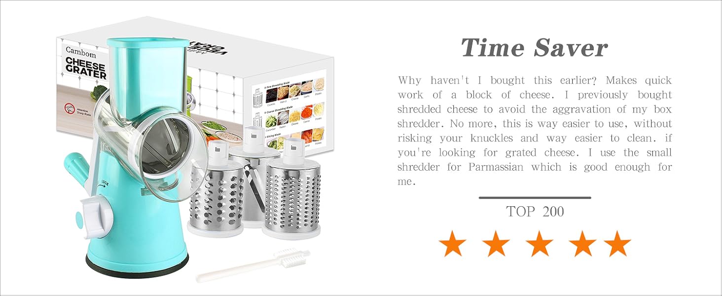 Cambom Rotary Cheese Grater Hand Crank Cheese Shredder for Fresh Cheese, Vegetable, Nuts,Non-slip Suction Base, Free Cleaning Brush Three Blades, Black